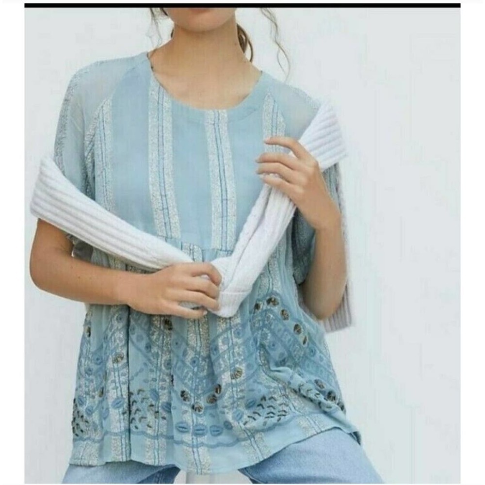 Raga Anthropologie women's blue beaded embroidered babydoll lurex blouse S